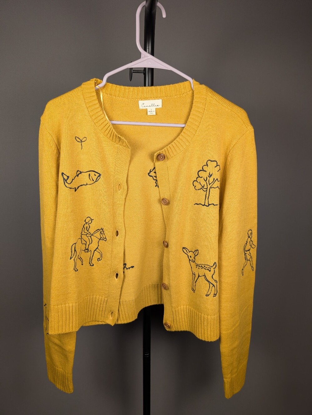 Camellia Mustard Yellow Embroidered Nature Button Front Cardigan L A-322 - Picture 2 of 12